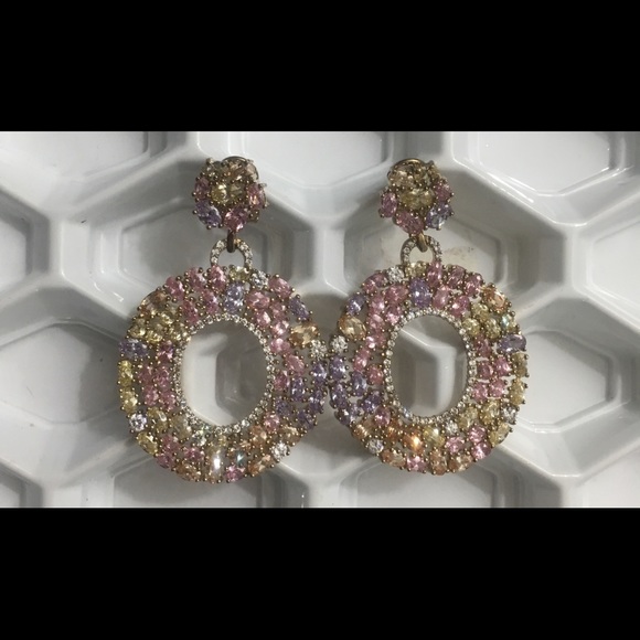 Joan Boyce Brass 14k  GoldPlated Multicolor CZ Earrings Clip on - Picture 1 of 7